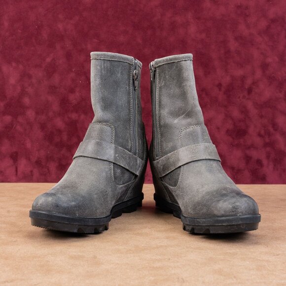 Sorel Wmn Joan Of Artic Wedge II Zip Grey Moto Biker Zip Lug Ankle Boots sz 7.5 - Picture 2 of 8